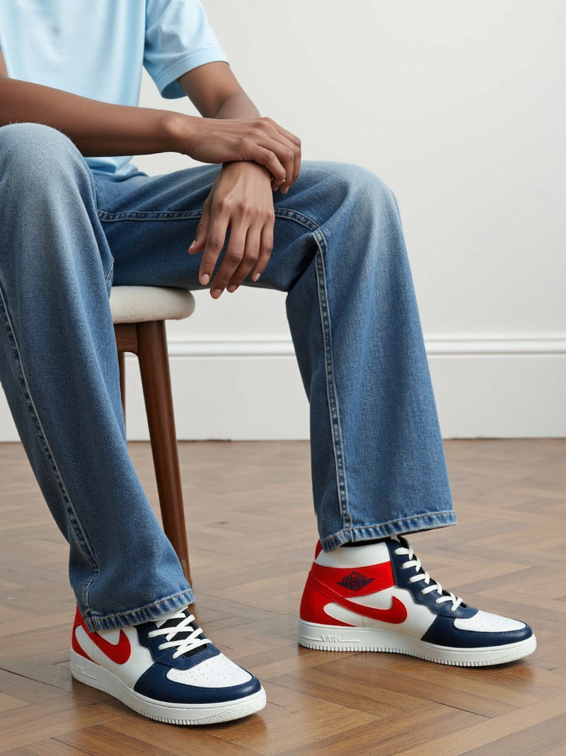 Jordan-Inspired Red, Blue & White High-Top Sneakers