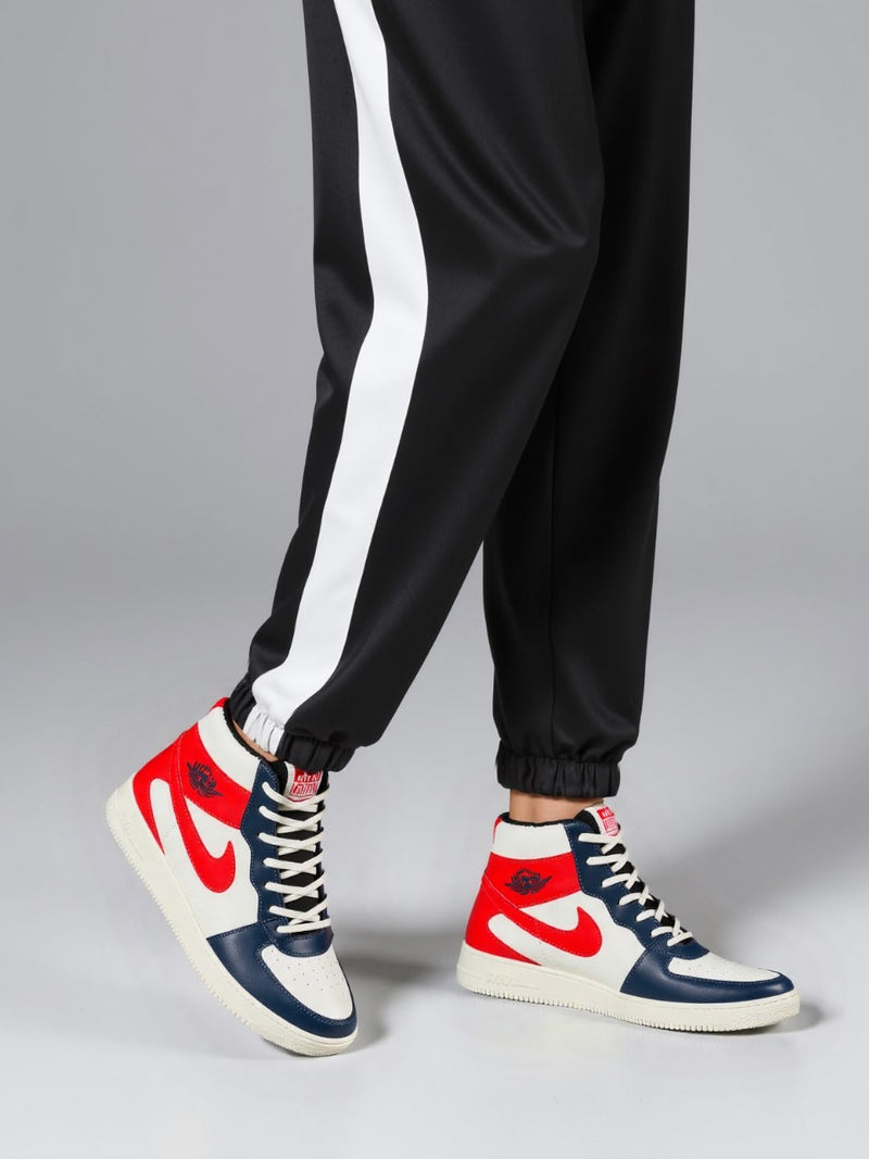 Jordan-Inspired Red, Blue & White High-Top Sneakers