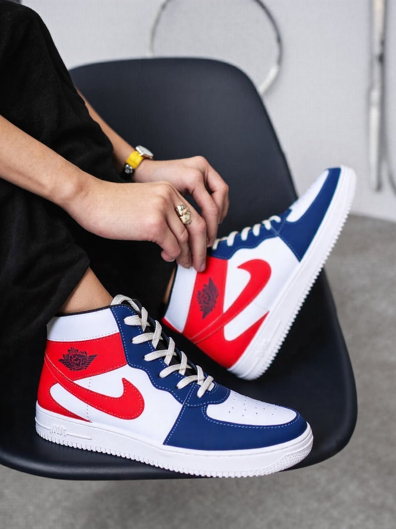 Jordan-Inspired Red, Blue & White High-Top Sneakers