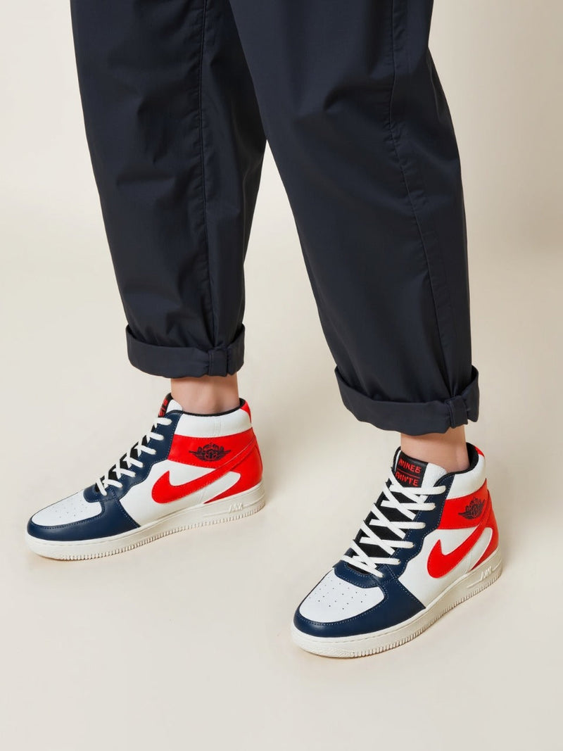 Jordan-Inspired Red, Blue & White High-Top Sneakers