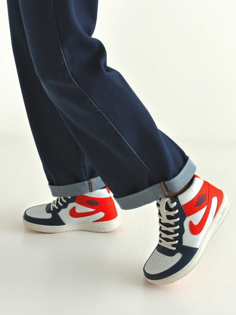 Jordan-Inspired Red, Blue & White High-Top Sneakers